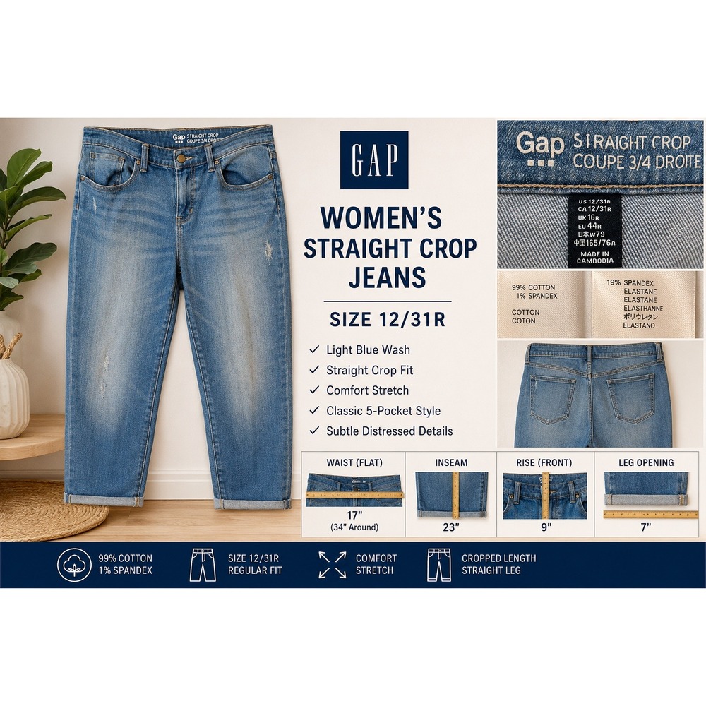 Gap Women Straight Crop Jeans Light Bl Distressed Stretch Denim 12/31R 428237-00